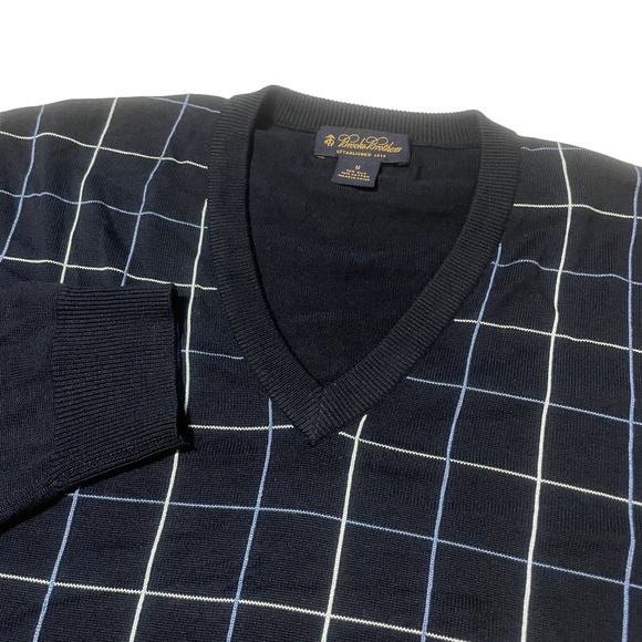 Brooks Brothers Medium Blue Plaid Silk Cotton‎ V-Neck Sweater - Picture 1 of 5